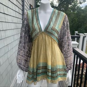 NWT Free People Boho Blouse with Puff Sleeves in Tobacco Flower — Size M